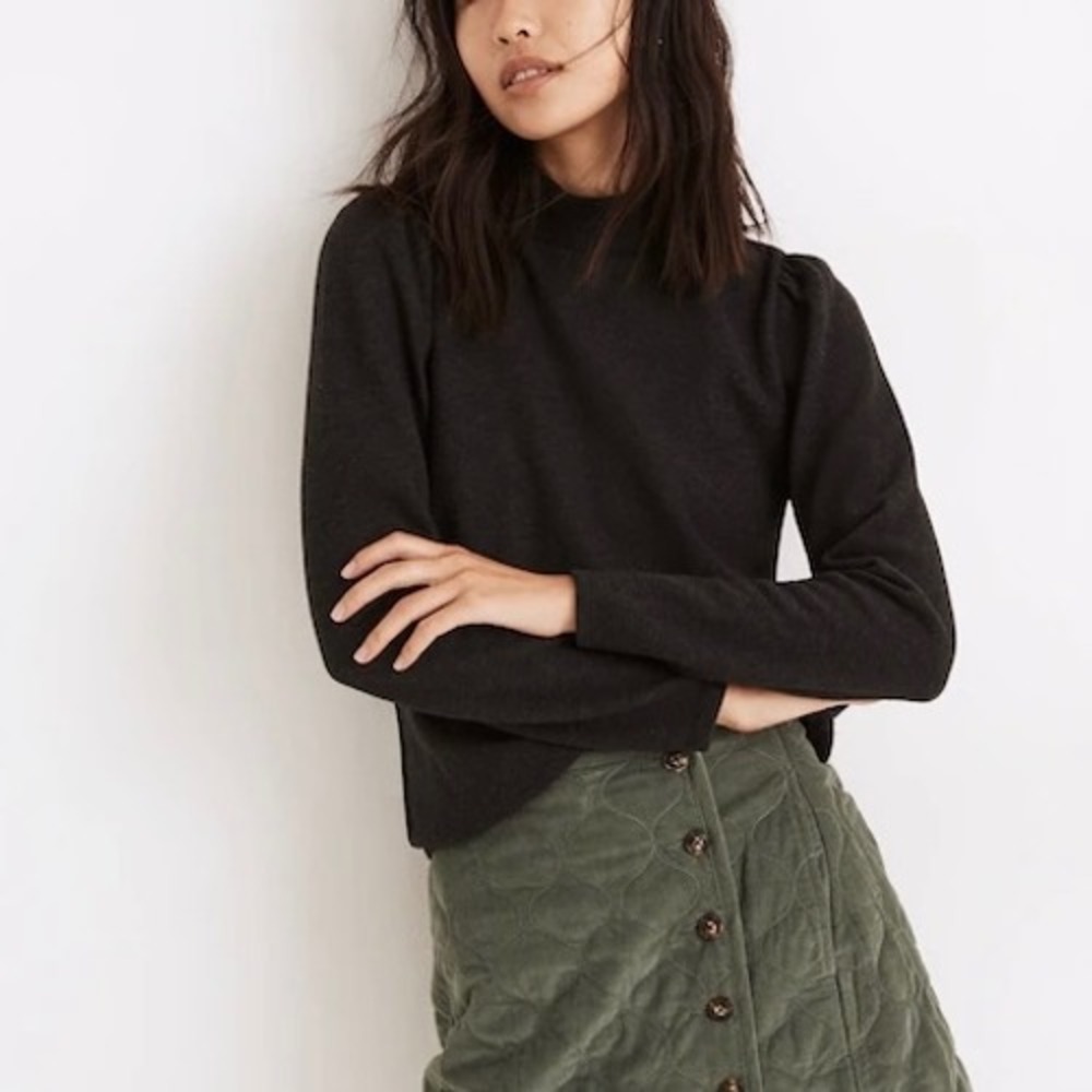 Madewell Heather Charcoal Gray (Re)sourced Plush Mockneck Puff-Sleeve Top Medium